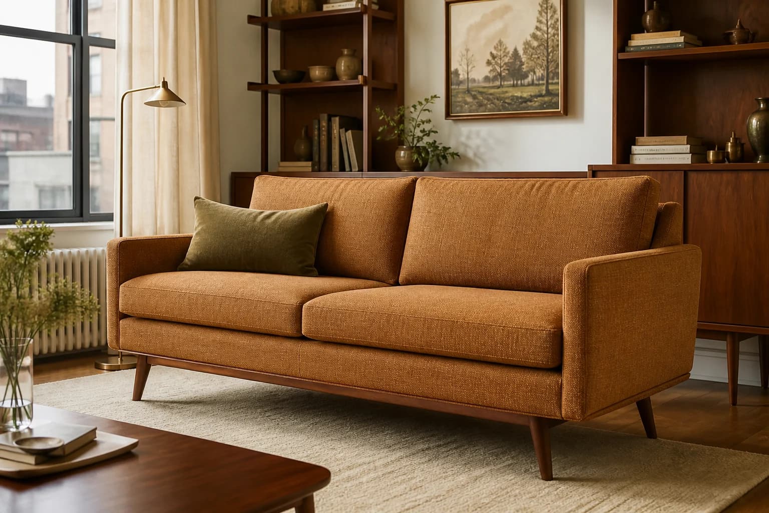 Custom mid-century modern sofa in a warm living room