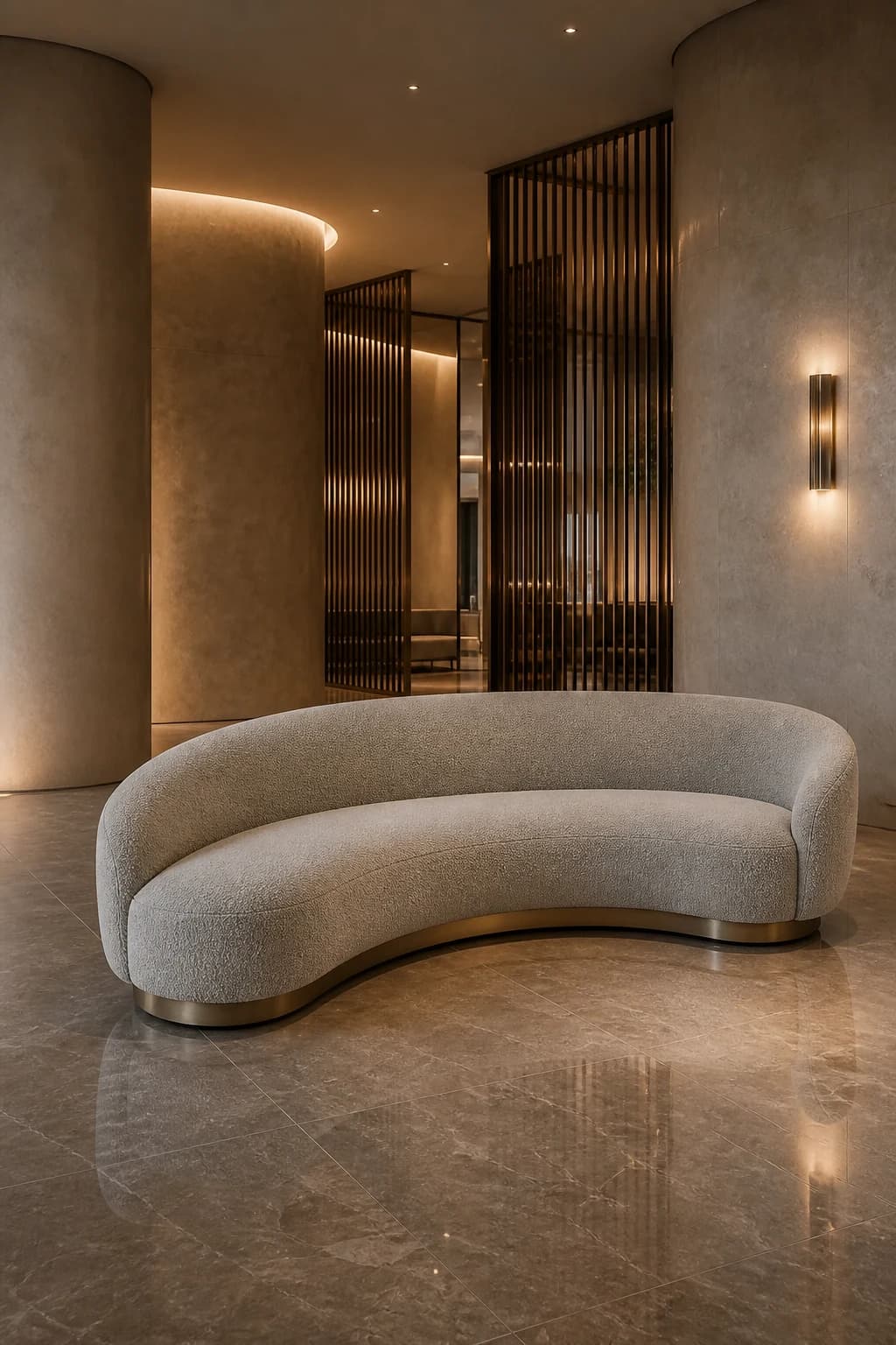 Sofá curvo arquitectónico en un interior contemporáneo de lujo