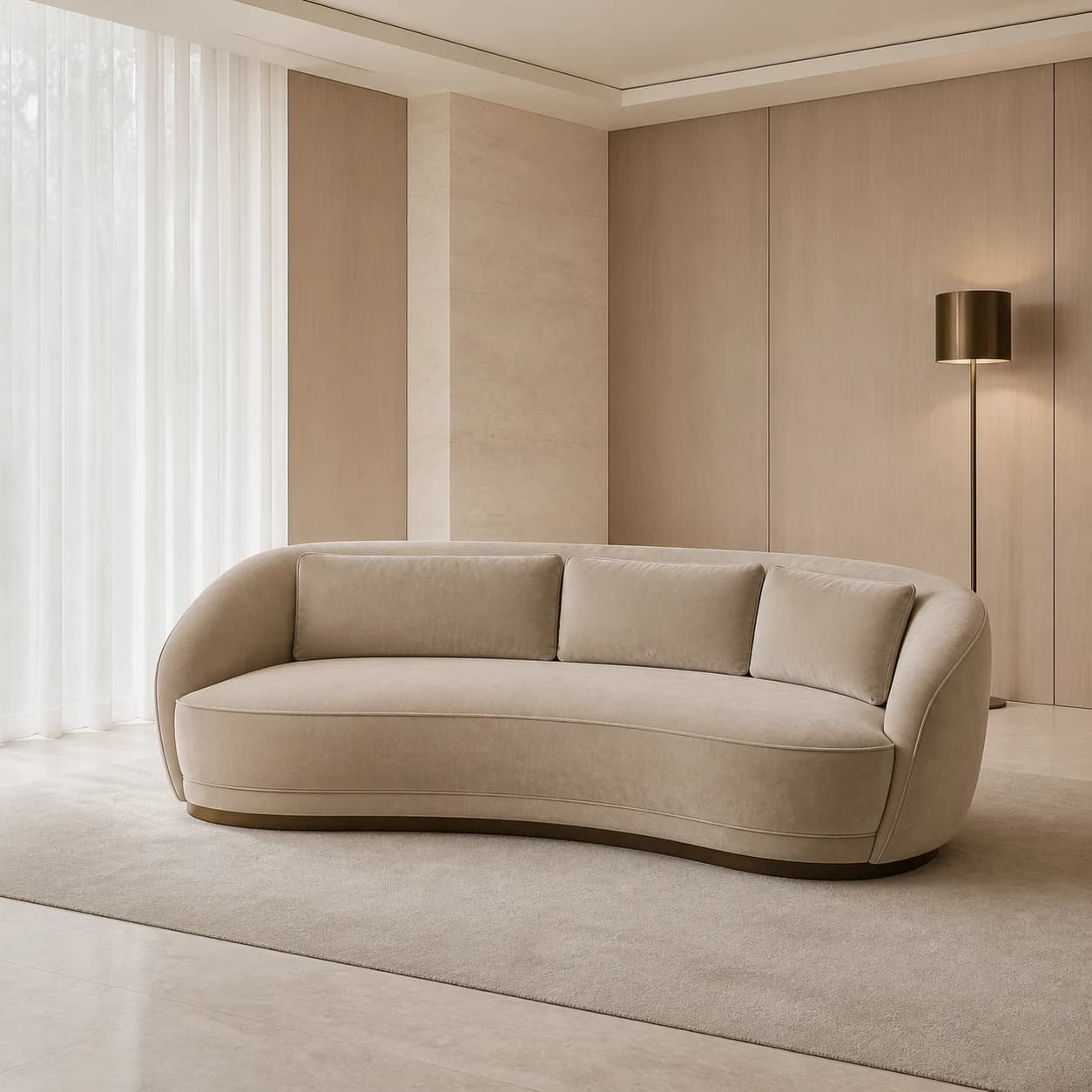 Sofá curvo con consola en un interior contemporáneo de lujo