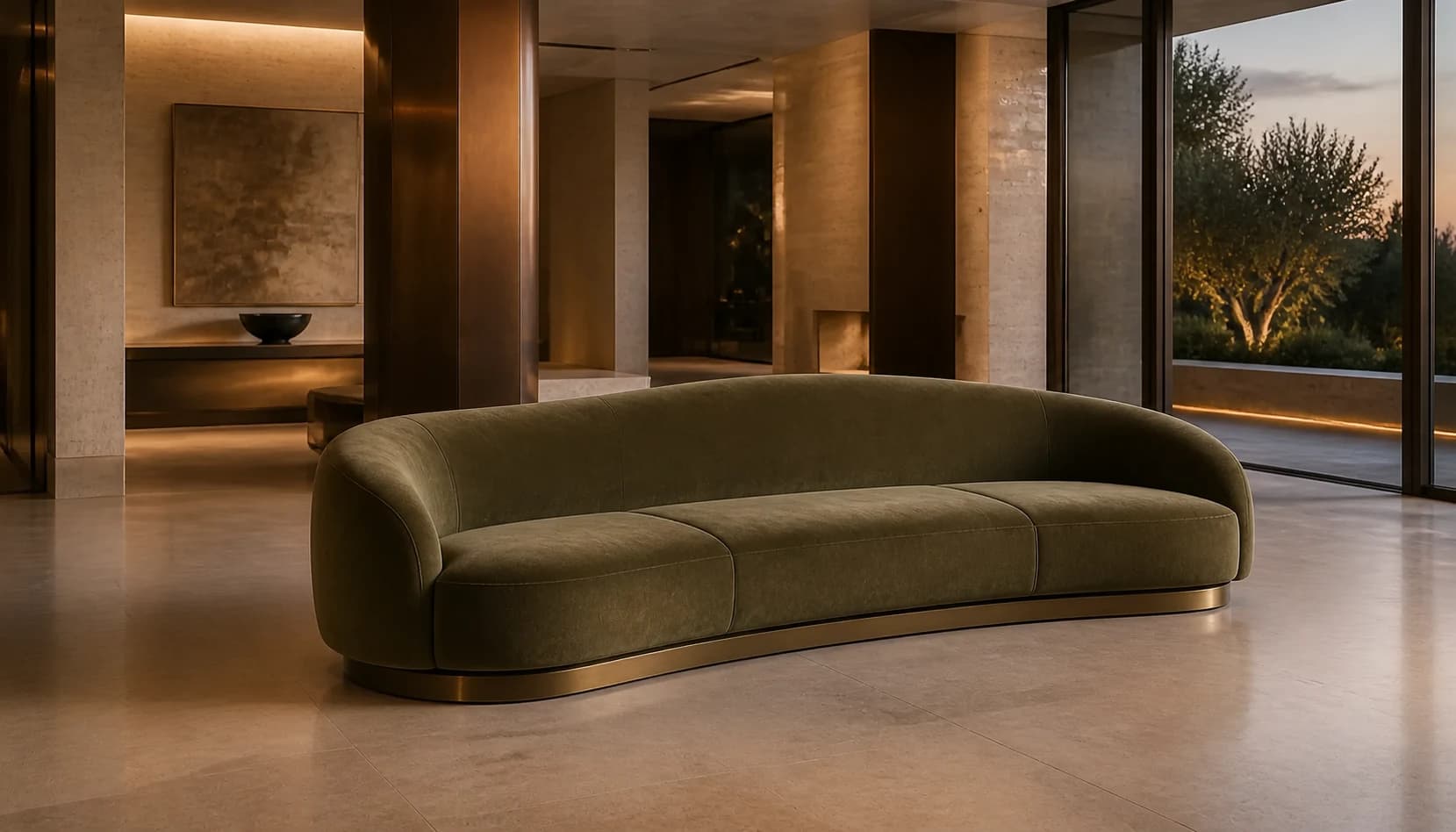 Sofá curvo arquitectónico en un interior contemporáneo de lujo