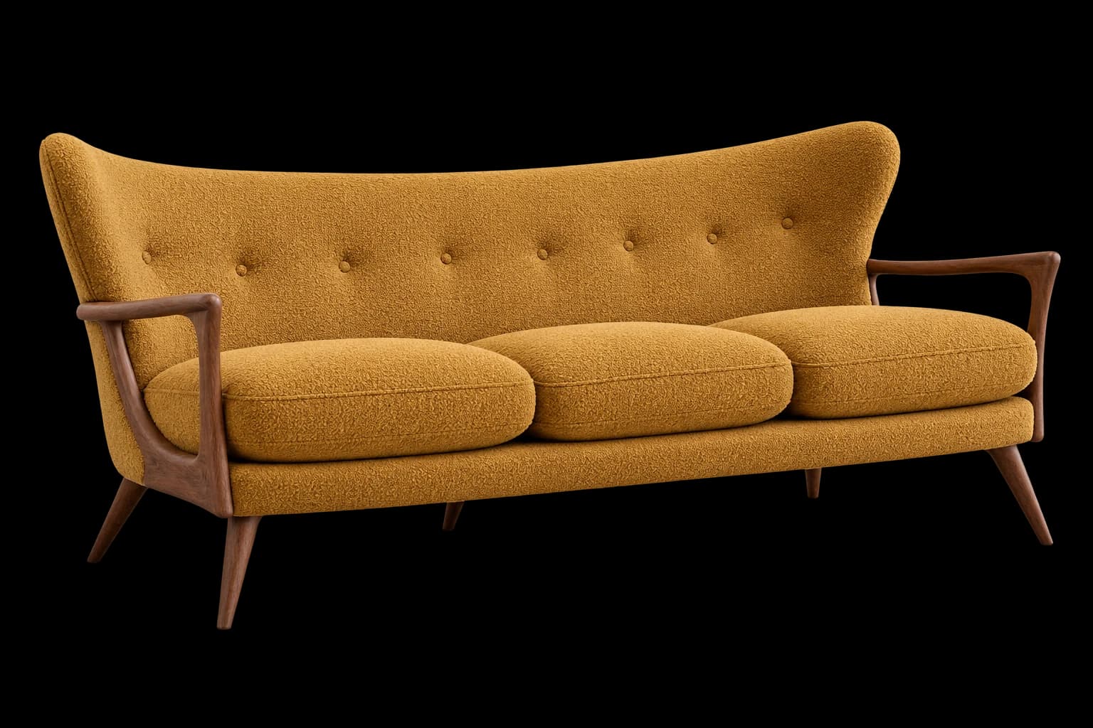 Mustard sculptural custom mid-century modern sofa with an exposed walnut frame